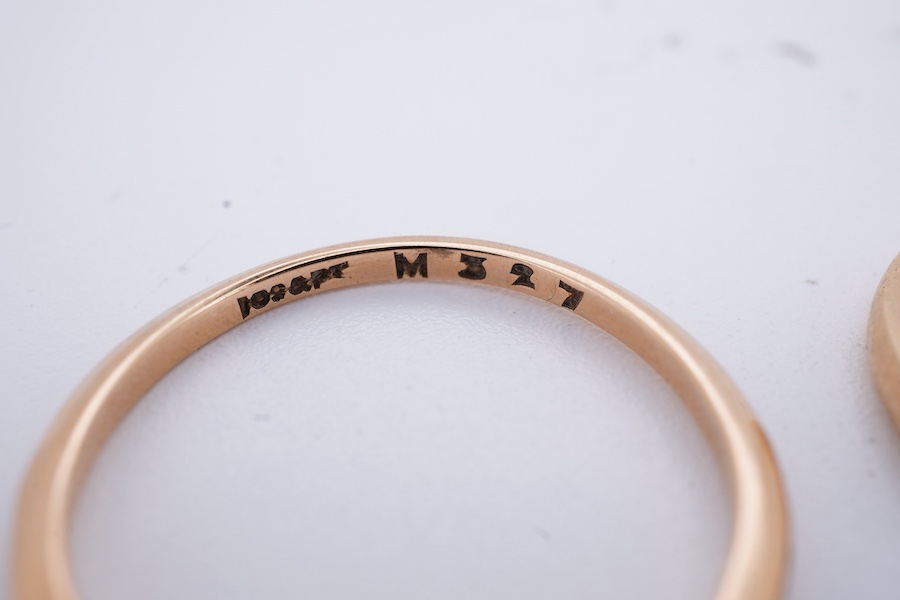 Two sapphire and diamond rings, each set with an alternating sequence of five sapphires and diamonds, mounted in gold and platinum, sizes P and P1/2, stamped 18ct and 18ct&Pt respectively, combined gross weight approxima